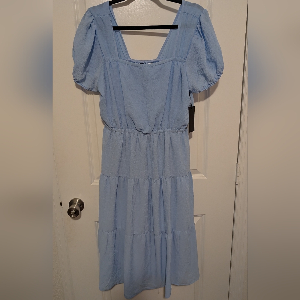 Sky Blue Puff Sleeve Midi Dress